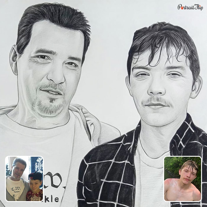 A pencil vintage portraits of a man and a boy that are placed next to each other